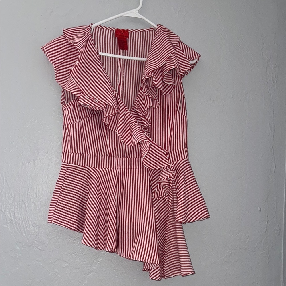 V Cristina Red Sleeveless Asymmetrical Peplum Blouse 80
